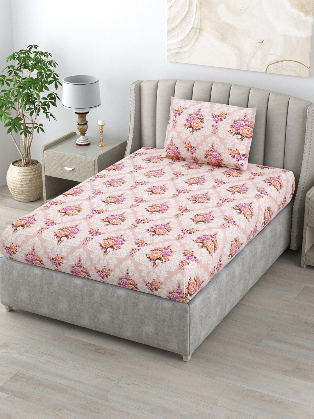 

BOMBAY DYEING Cardinal Brown Floral 120 TC Cotton Single Bedsheet with 1 Pillow Covers