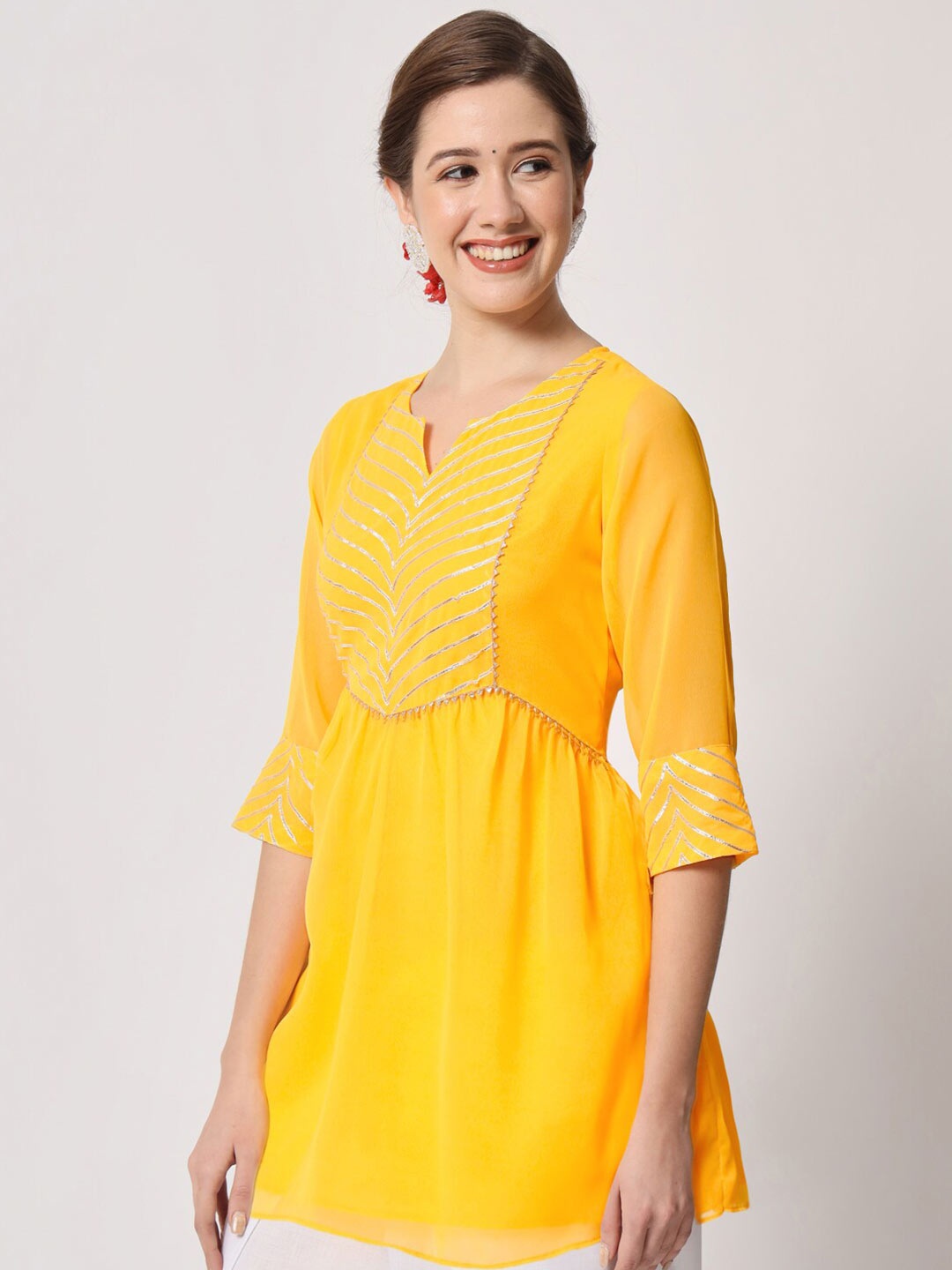 

studio rasa Geometric Embroidered Gotta Patti A Line Kurti, Yellow