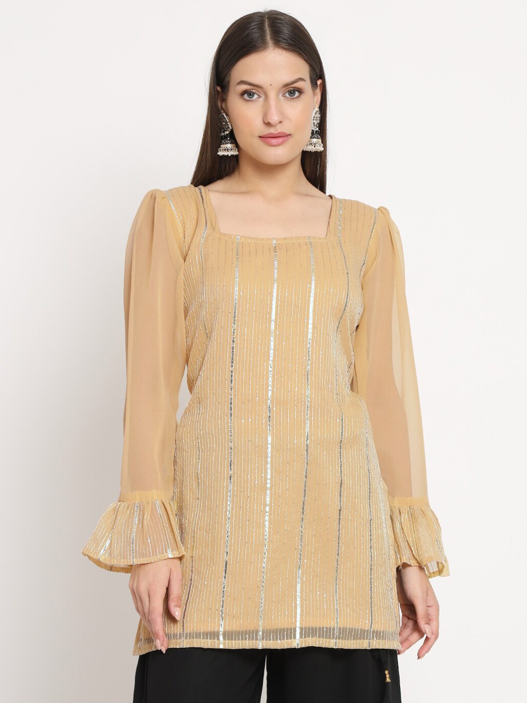 

studio rasa Striped Gotta Patti Straight Kurti, Beige