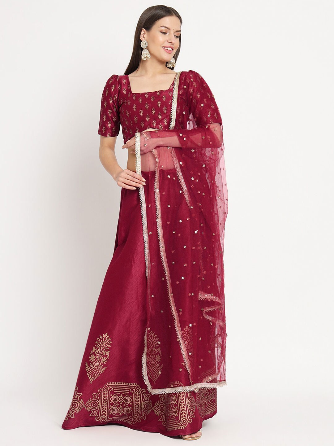 

studio rasa Ethnic Motifs Printed Ready to Wear Lehenga & Blouse With Dupatta, Maroon