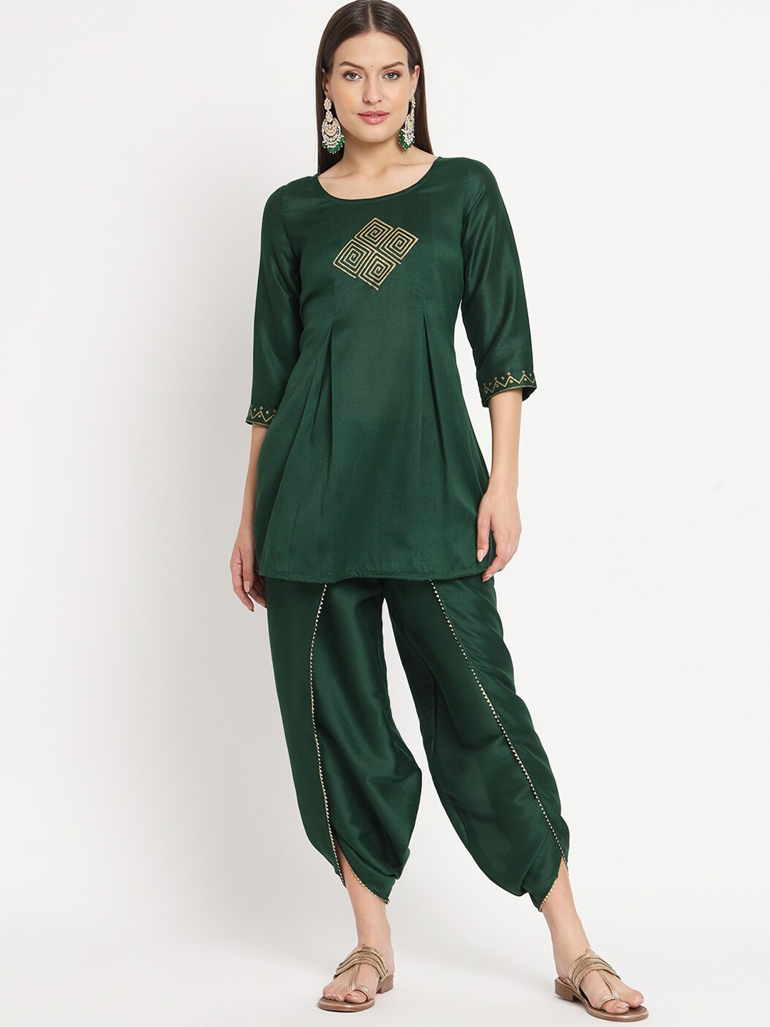 

studio rasa Yoke Design Pleated Kurti With Dhoti Pants, Green