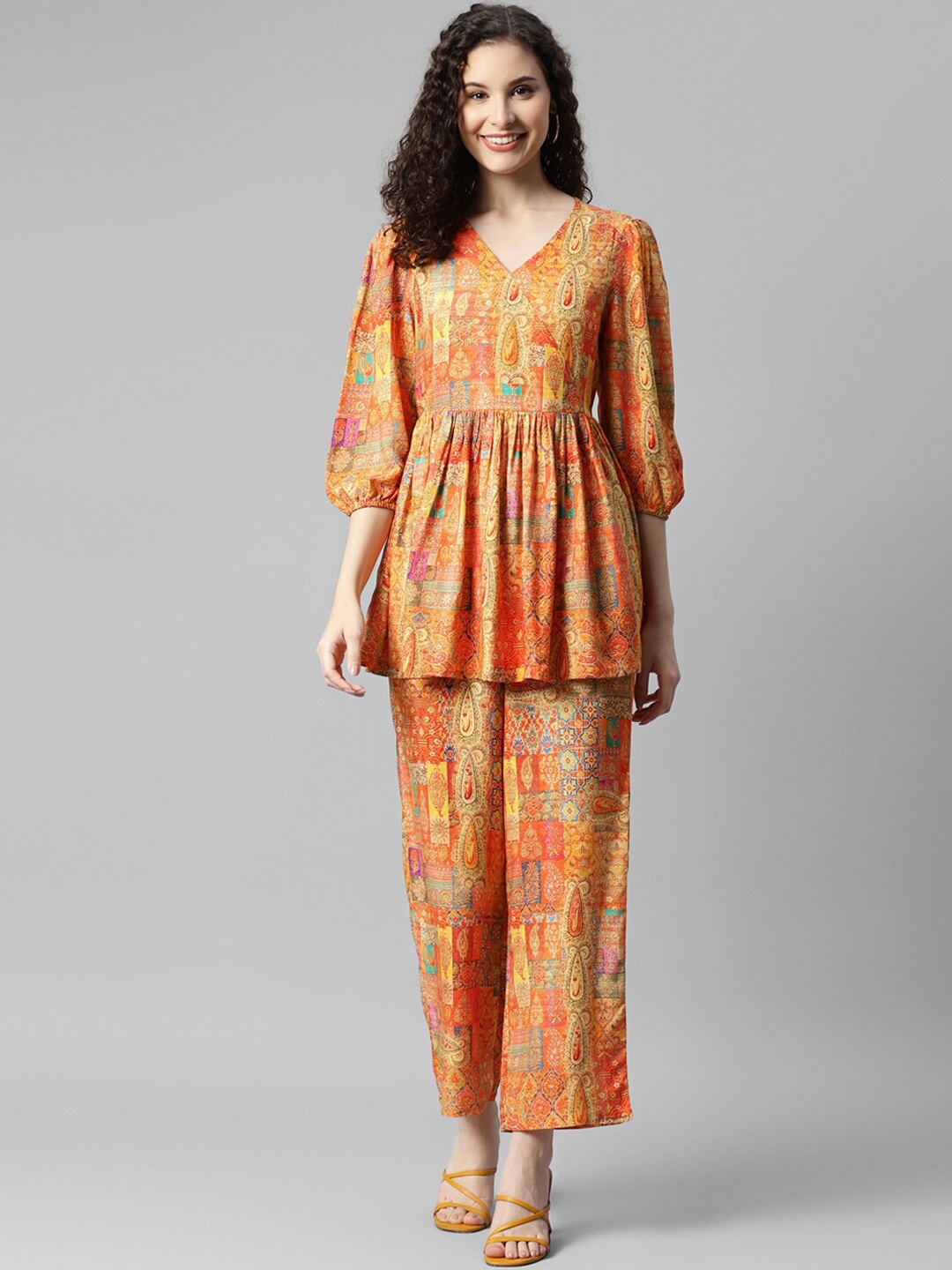 DEEBACO Paisley Printed V-Neck Top & Trousers, Orange