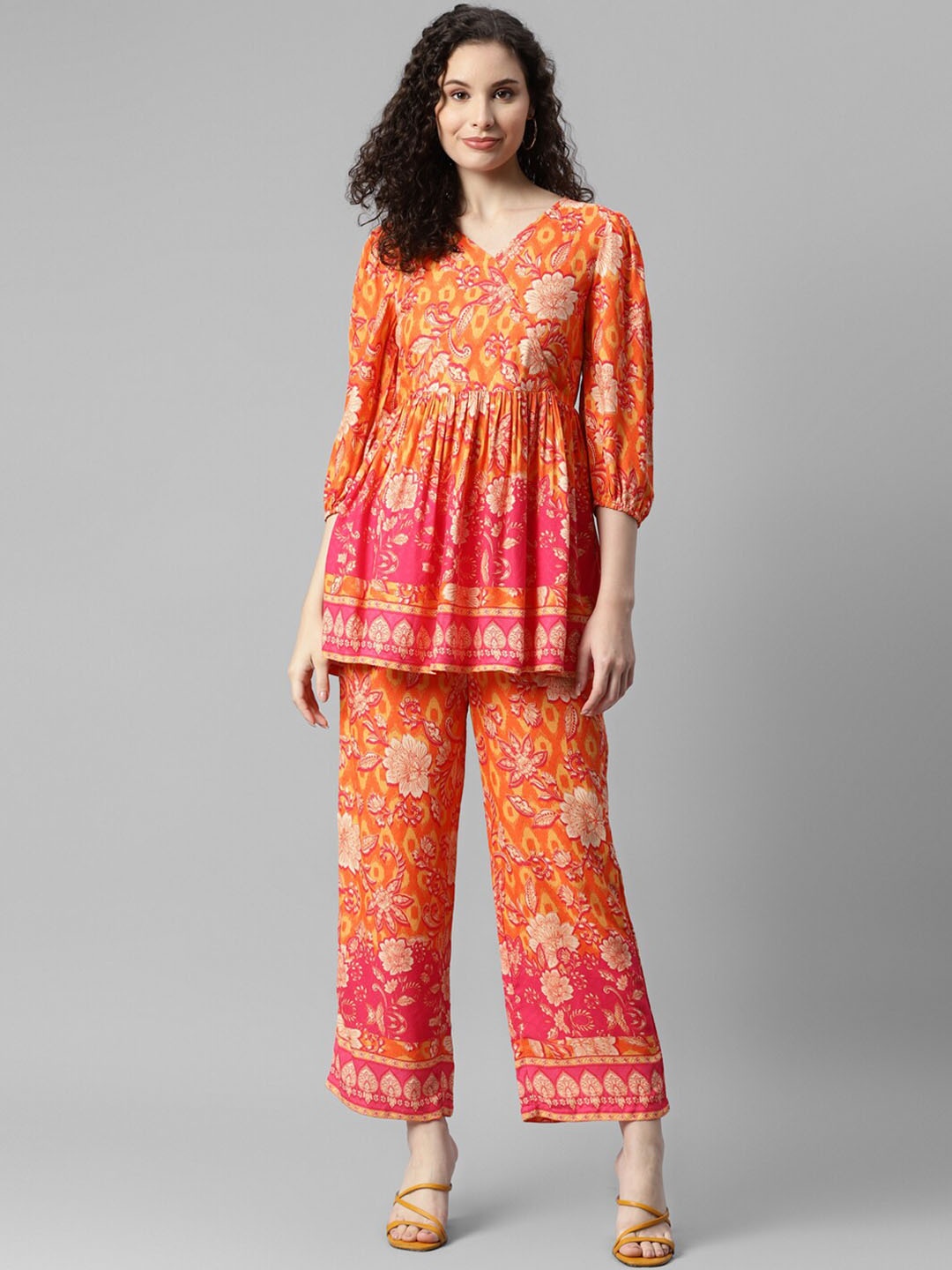 

DEEBACO Floral Printed V-Neck Top & Trousers, Orange