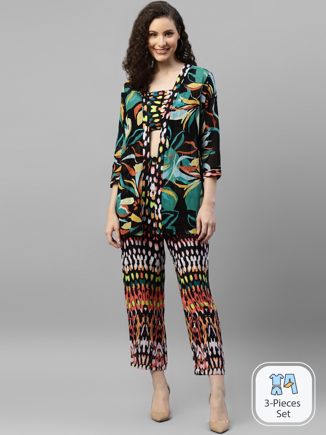 

DEEBACO Abstract Printed Shoulder Straps Top & Trousers With Coat, Black