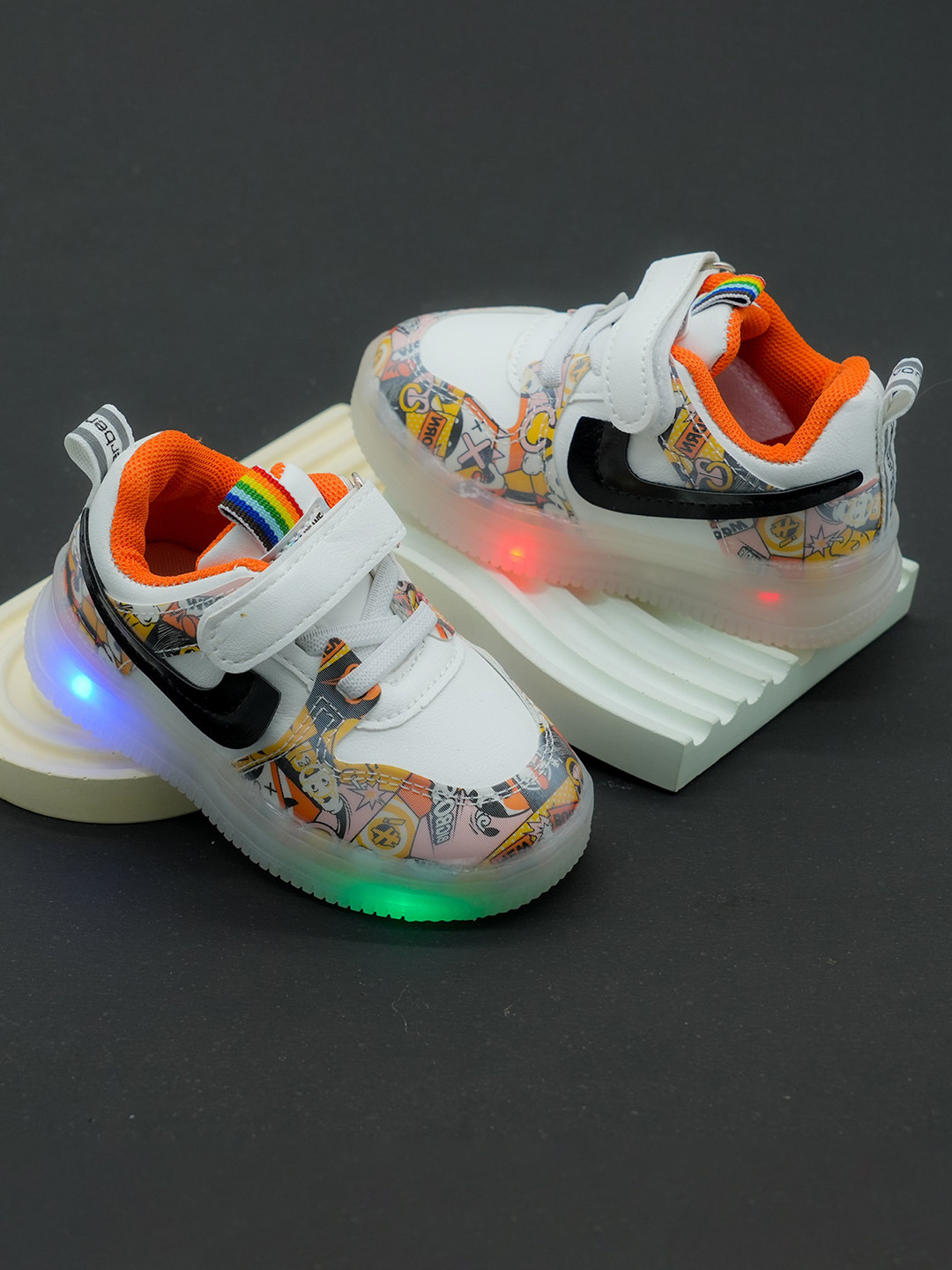 

FEETWELL SHOES Kids Printed Sneakers With LED Lights, White