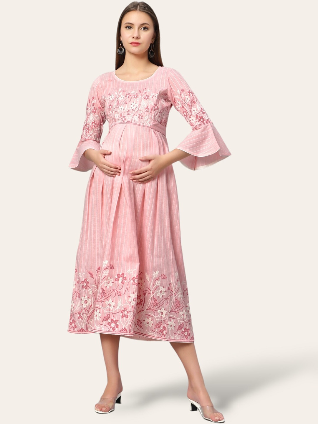 

True Shape Floral Printed Maternity Anarkali Cotton Kurta, Pink