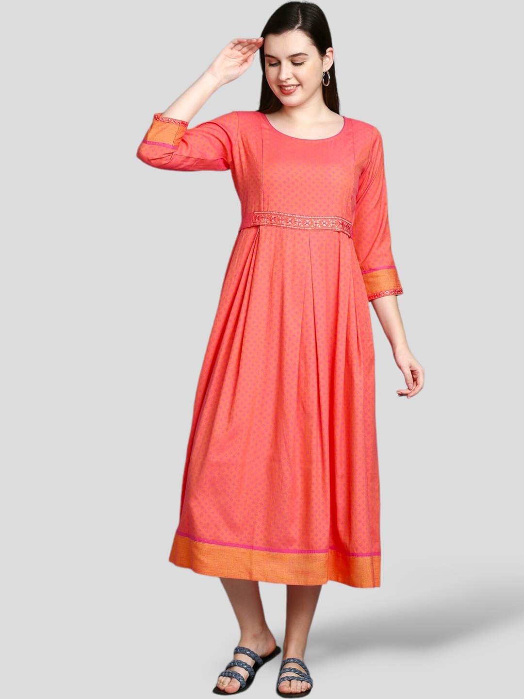 

True Shape Printed Maternity Flared Kurta with Feeding Zips in Cotton Blend Fabric, Coral