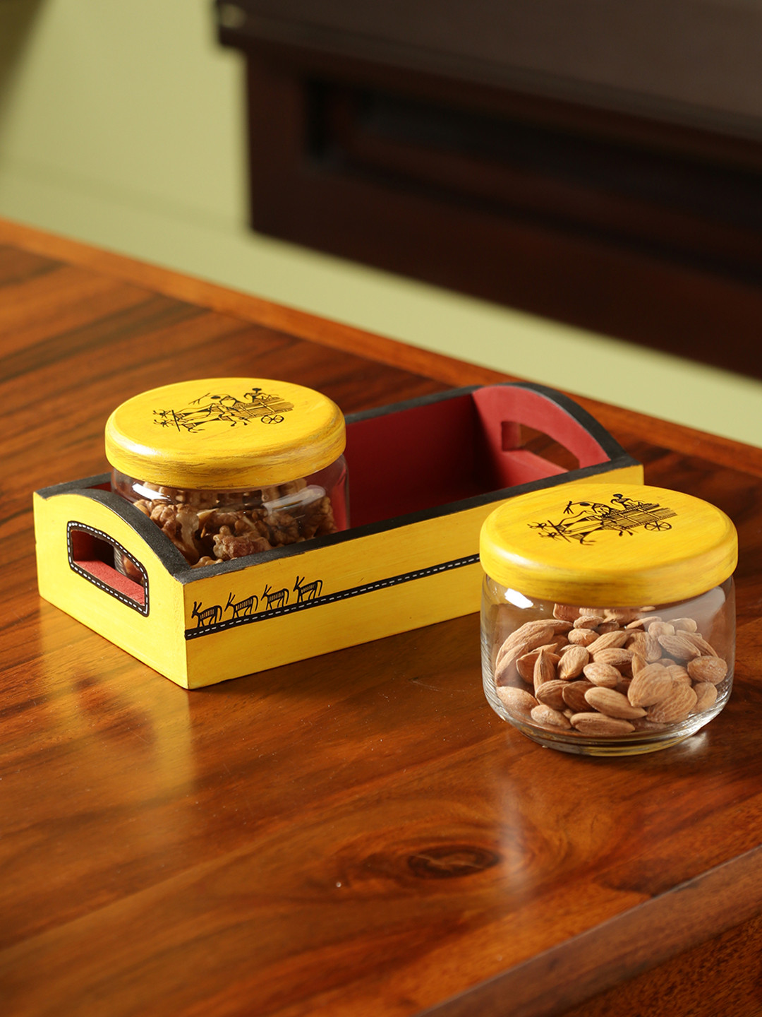 

ExclusiveLane Sunny Minimals Warli Hand-Painted Glass With Wooden Tray Snacks Jar Set, Yellow