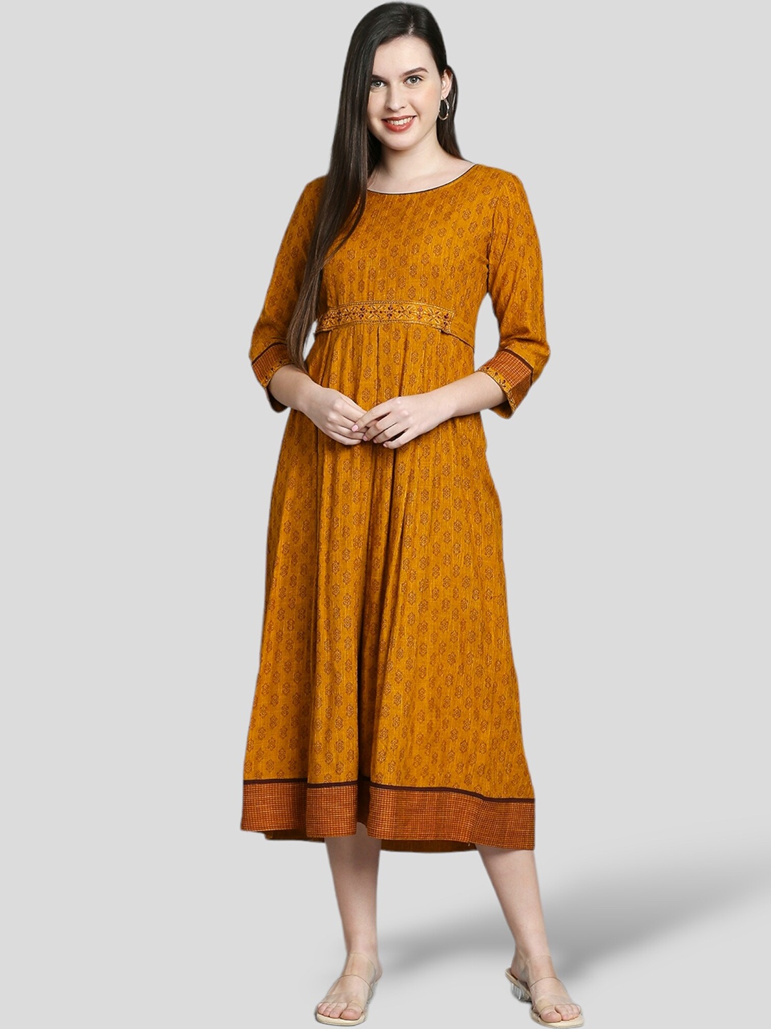 

True Shape Floral Printed Maternity Fit and Flare Midi Ethnic Dress with Nursing Zips, Mustard