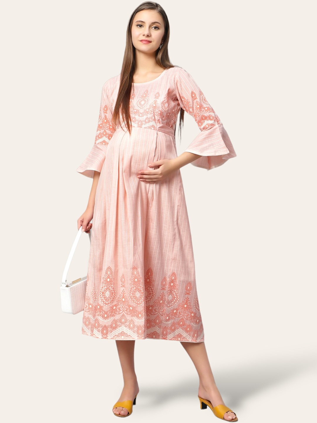 

True Shape Floral Print Bell Sleeve Maternity Feeding Fit & Flare Midi Dress, Pink