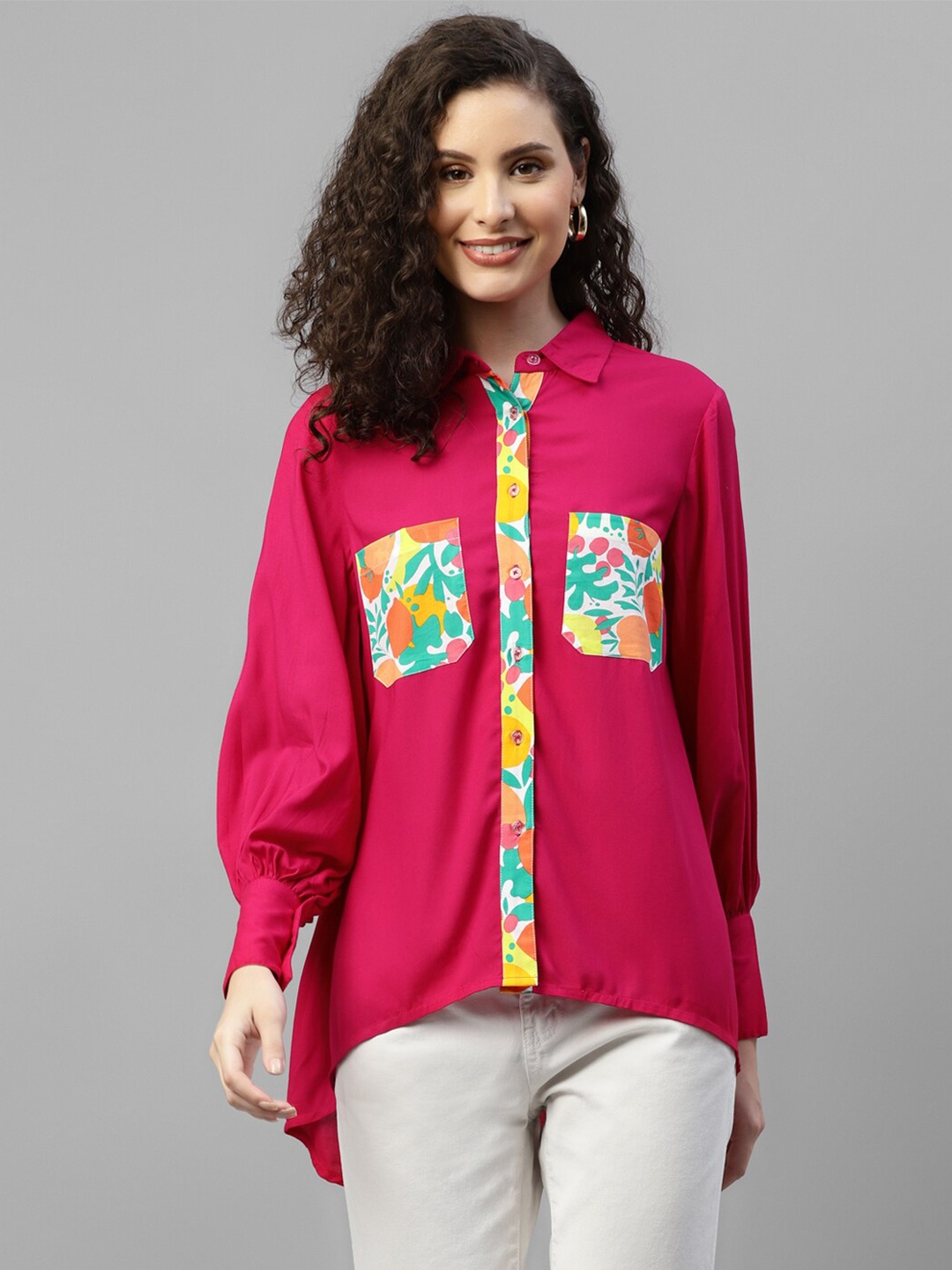 

DEEBACO Classic Printed Pocket High-Low Casual Shirt, Magenta