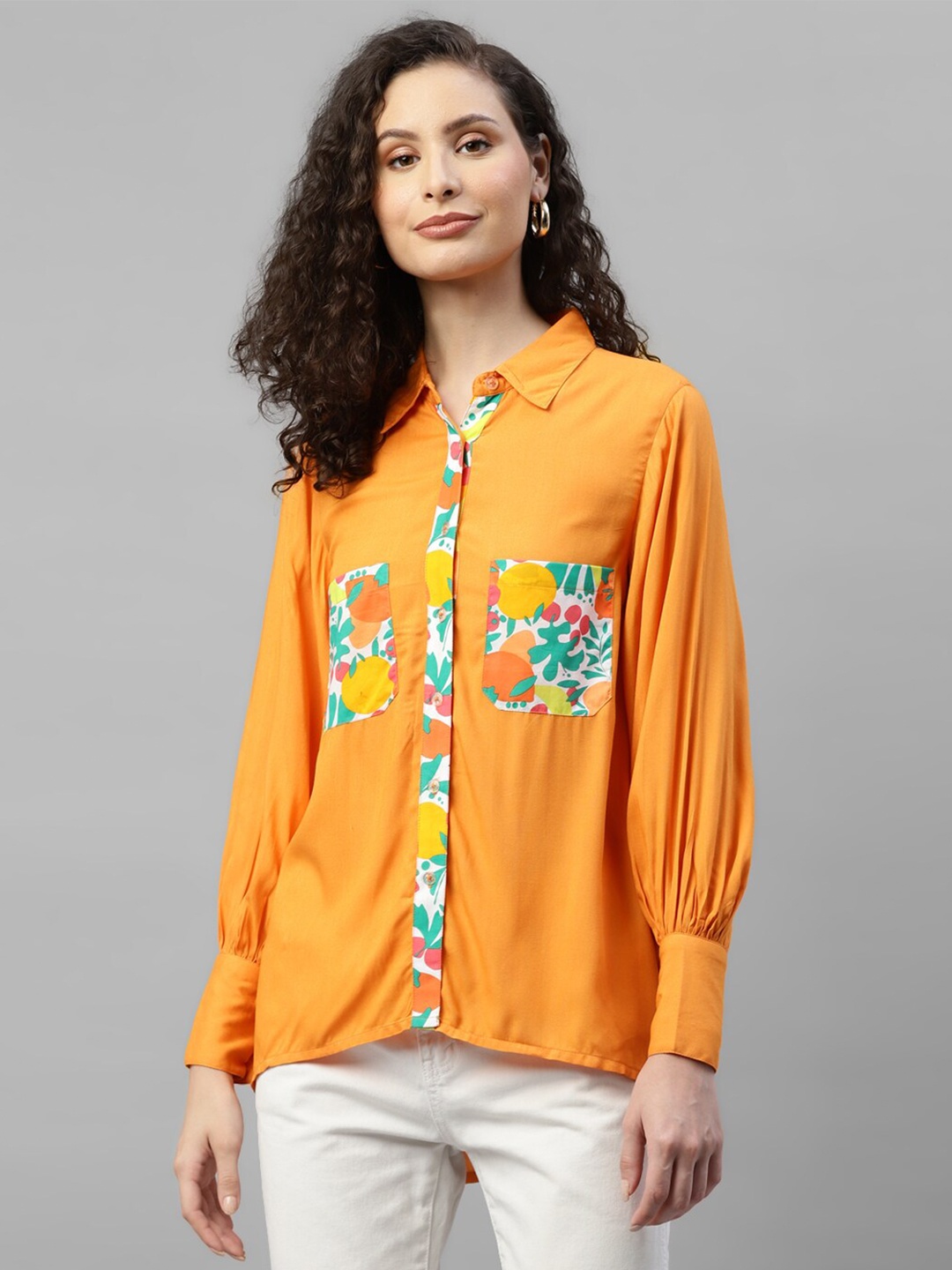 

DEEBACO Classic Printed Pocket High-Low Casual Shirt, Orange