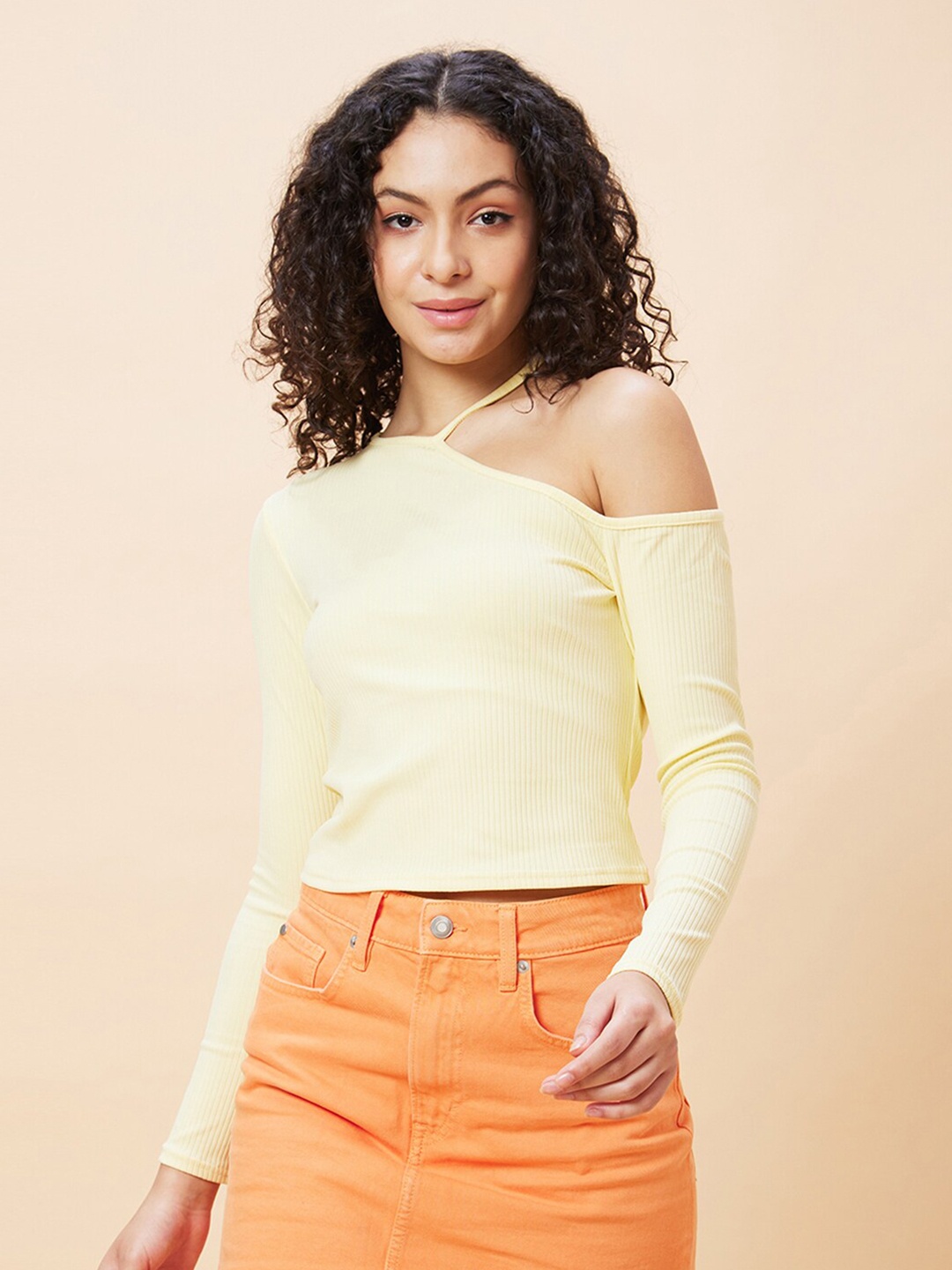 

Globus One Shoulder Pure Cotton Crop Top, Yellow