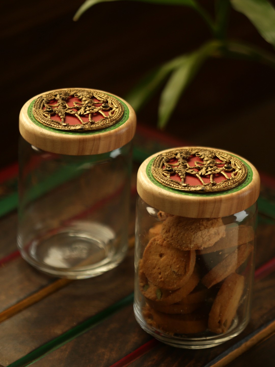 

ExclusiveLane Set of 2 Duals Of Dhokra Hand-Painted Snacks & Cookies Jar, Brown