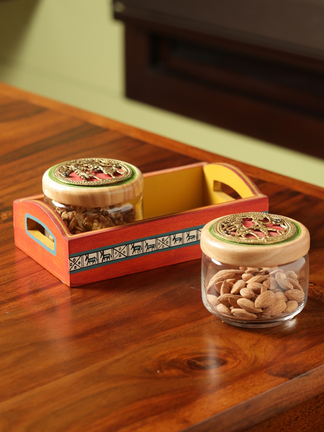 

ExclusiveLane The Tribe Vibe Warli Dhokra Glass Snacks Jar Set With Wooden Tray, Brown