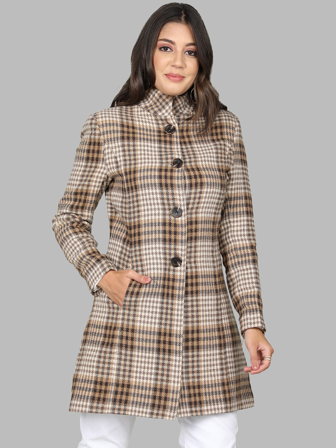 

CHKOKKO Checked Single-Breasted Woolen Overcoat, Brown