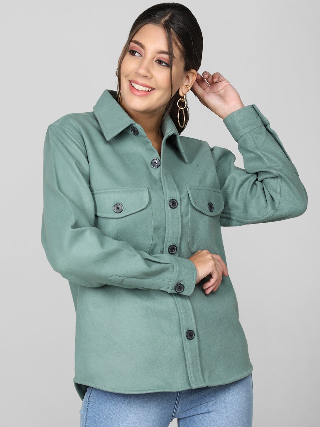 

CHKOKKO Spread Collar Opaque Casual Shacket, Green
