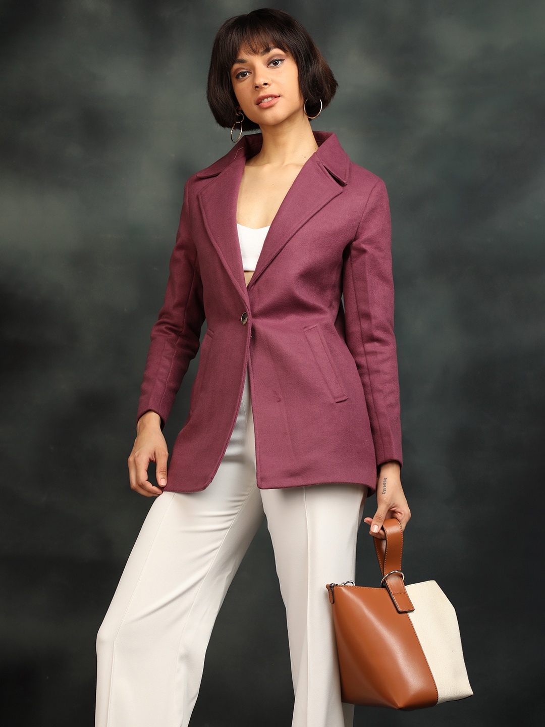 

CHKOKKO Single Breasted Woollen Stylish Overcoat, Purple