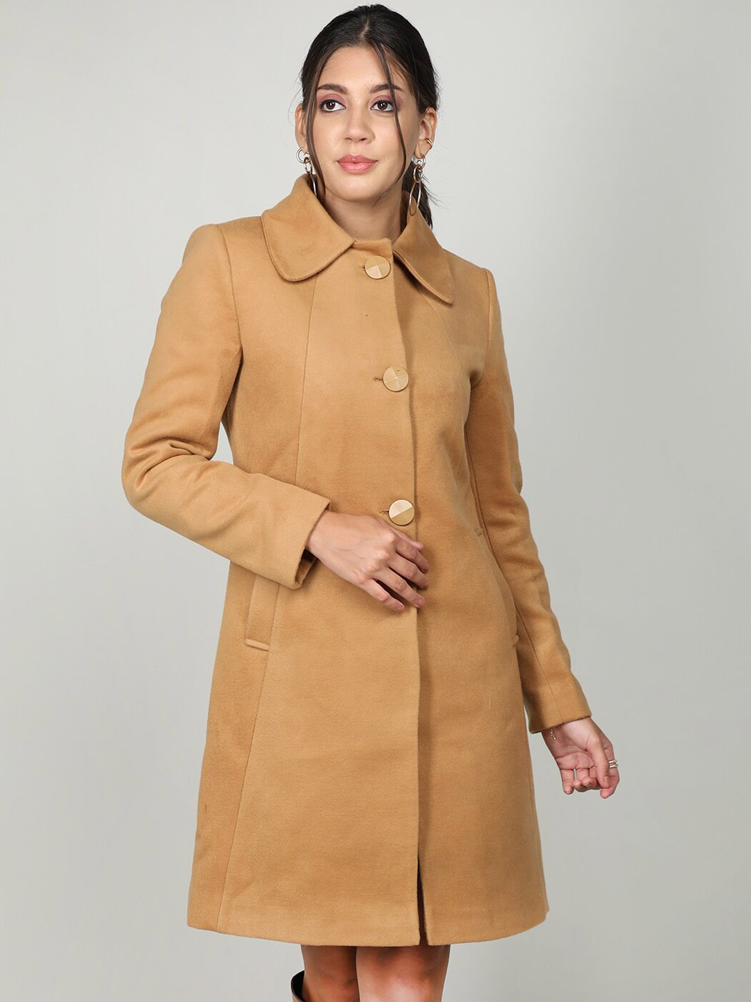 

CHKOKKO Spread Collar Single-Breasted Woolen Longline Overcoat, Camel brown