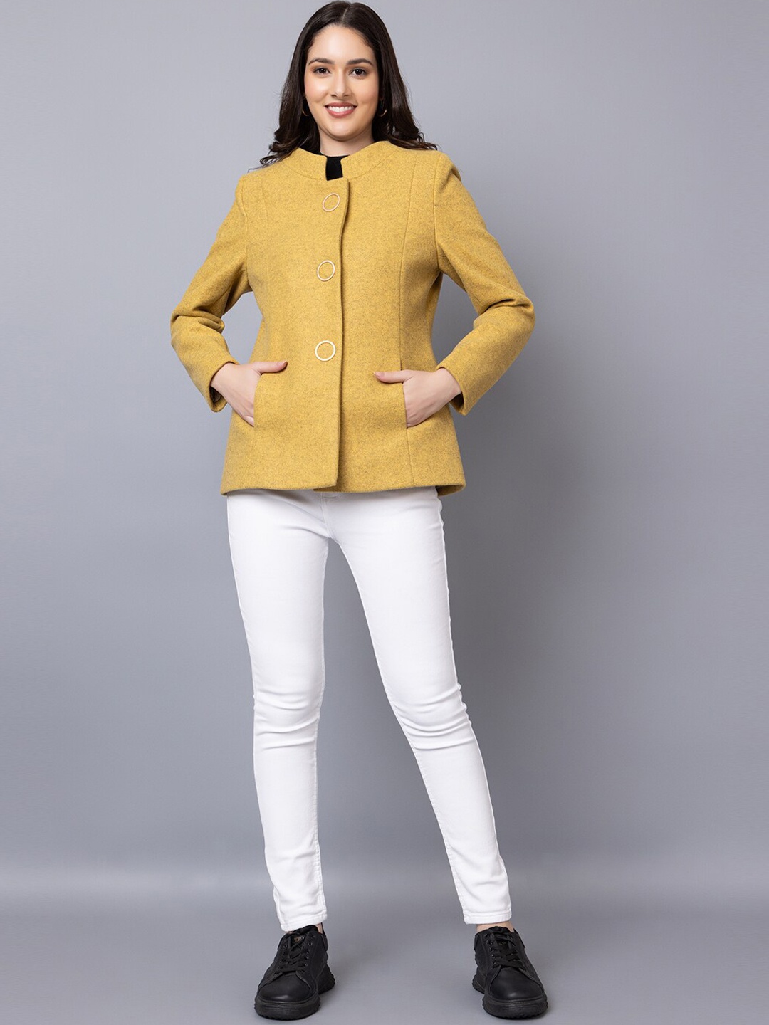 

CHKOKKO Single Breasted Mandarin Collar Overcoat, Yellow