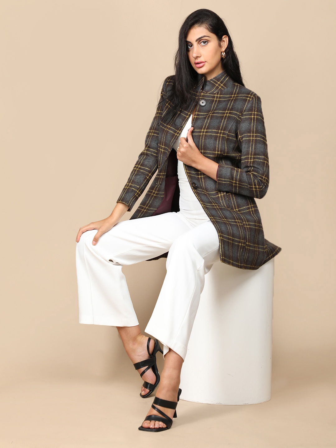 

CHKOKKO Checked Single Breasted Regular Fit Overcoat, Brown