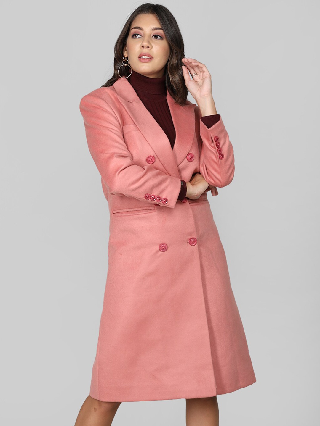 

CHKOKKO Notch Lapel Collar Double-Breasted Wool Stylish Overcoat, Pink