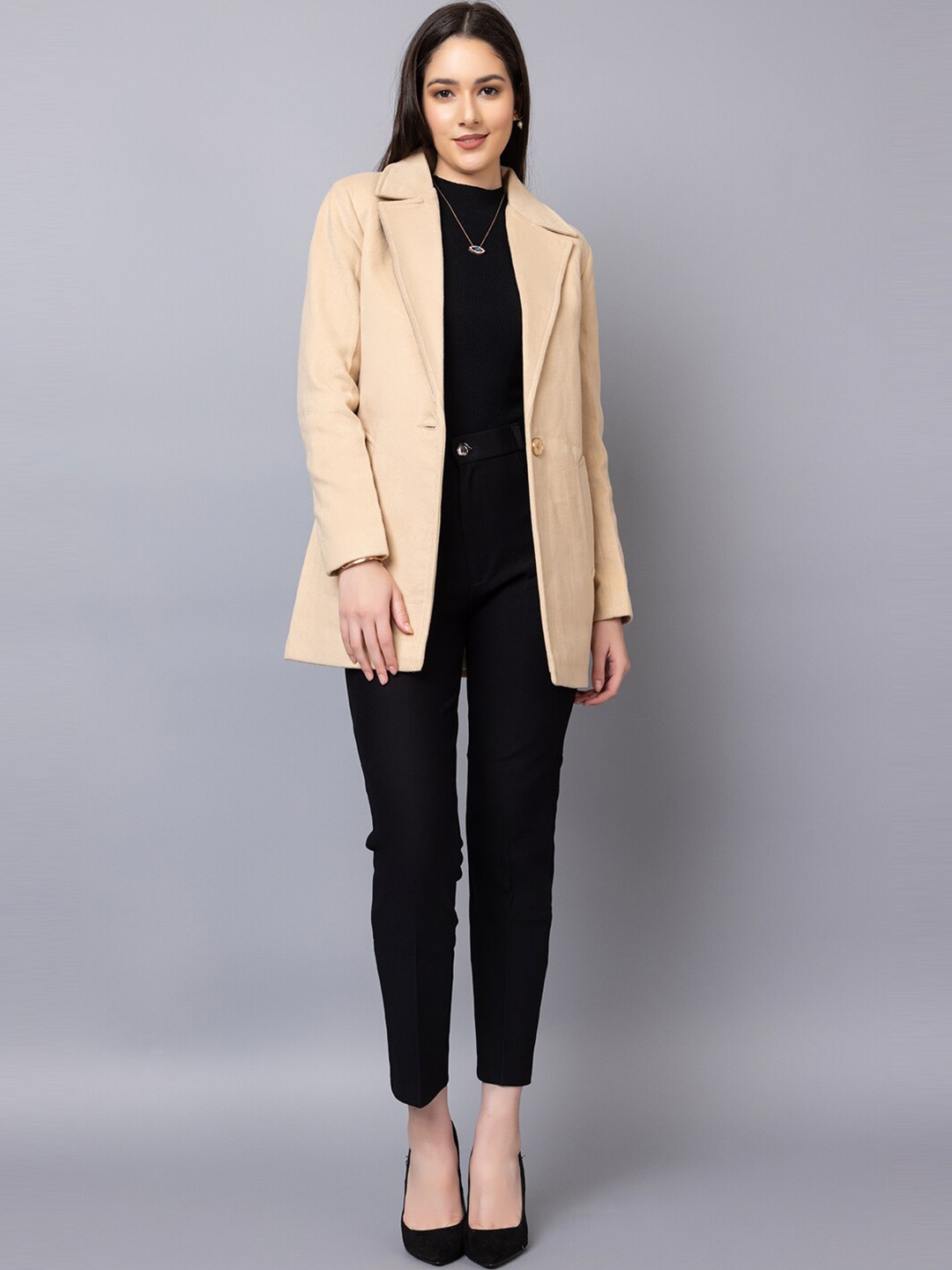 

CHKOKKO Single Breasted Woolen Stylish Overcoat, Tan