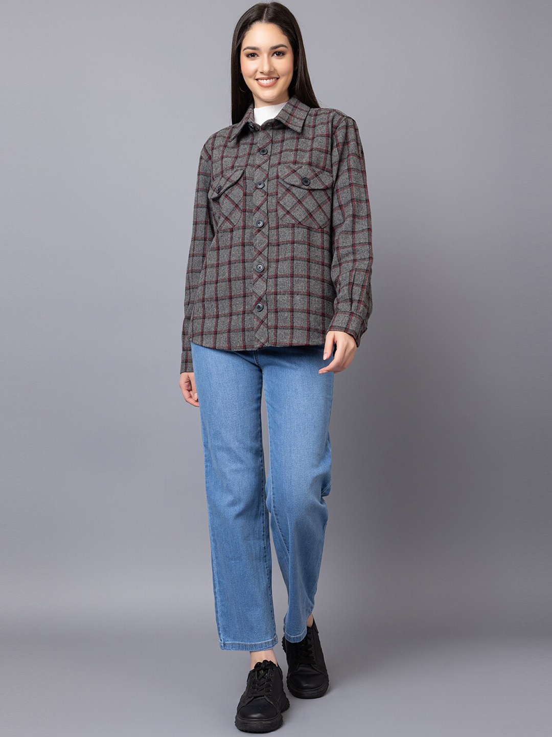 

CHKOKKO Tartan Checked Casual Cotton Shacket, Grey