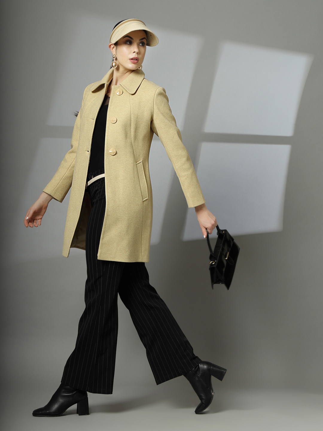 

CHKOKKO Self-Design Single-Breasted Woolen Stylish Overcoat, Yellow