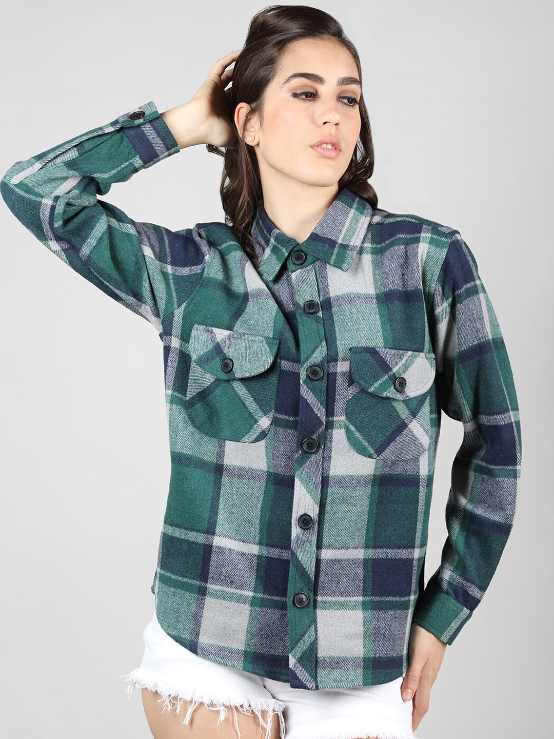 

CHKOKKO Spread Collar Tartan Checks Casual Shacket, Green