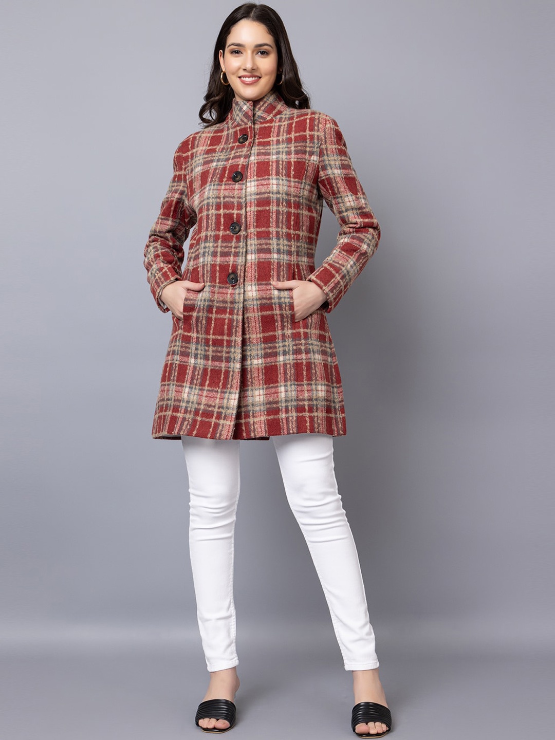

CHKOKKO Checked Single Breasted Wool Stylish Overcoat, Maroon