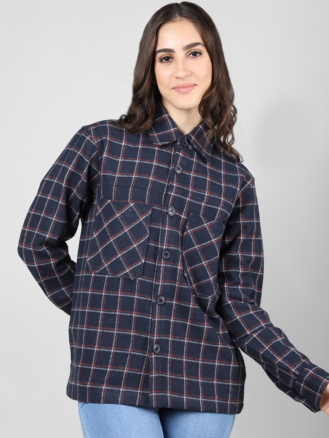 

CHKOKKO Gingham Checked Spread Collar Oversized Casual Shacket, Navy blue