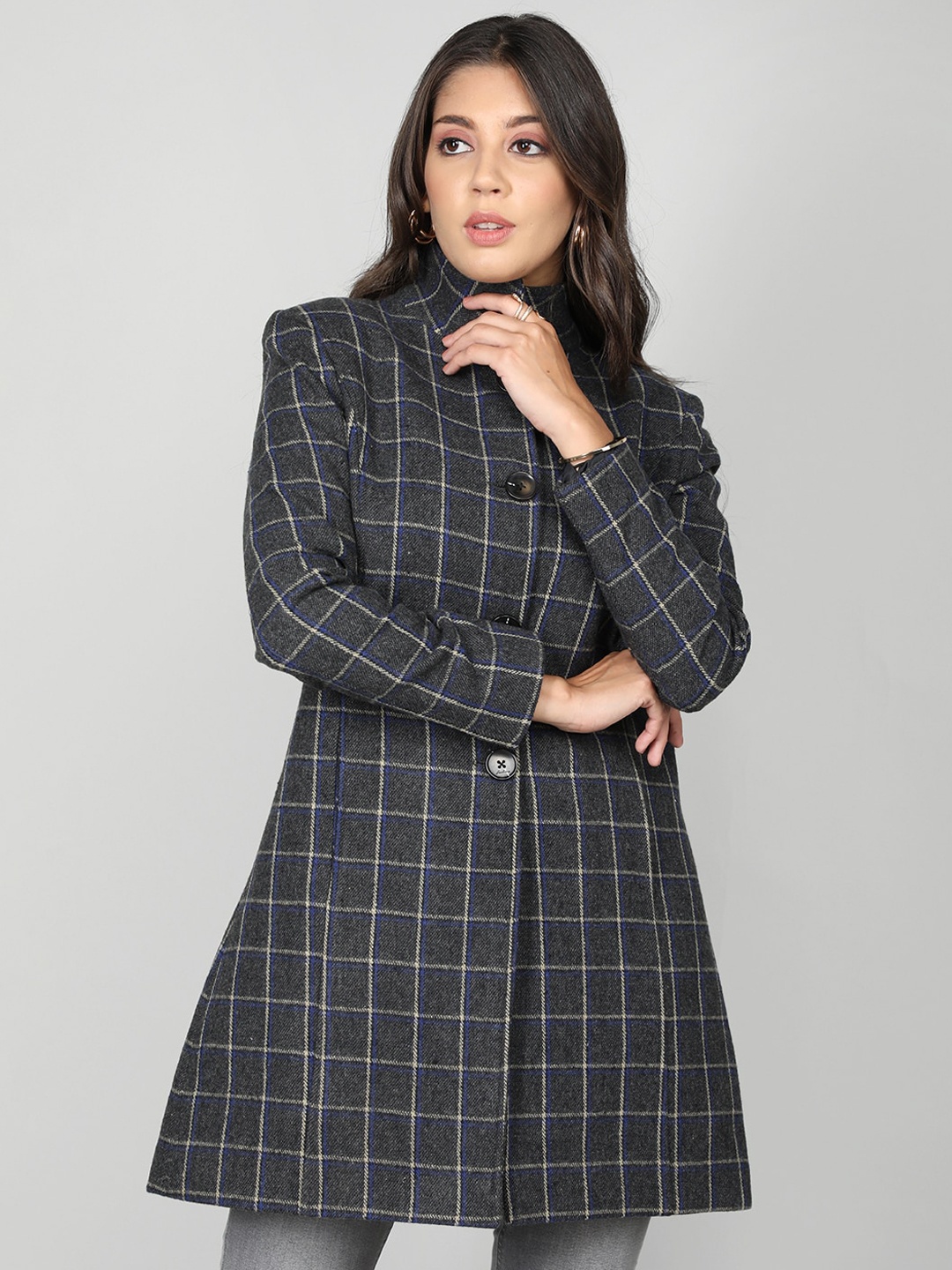 

CHKOKKO Checked Single-Breasted Wool Stylish Overcoat, Grey