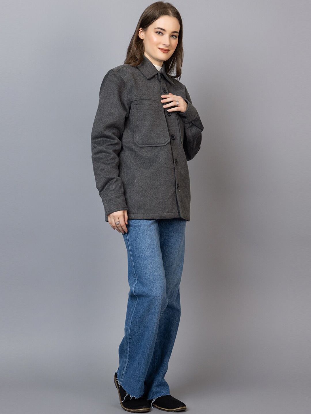 

CHKOKKO Spread Collar Shacket, Grey