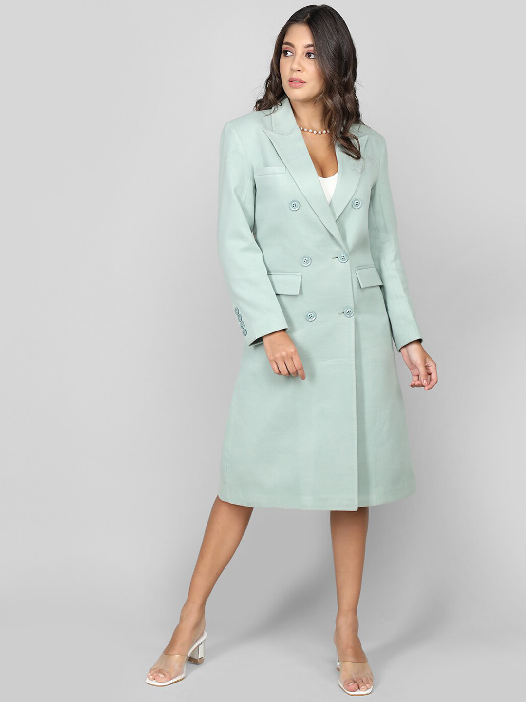 

CHKOKKO Double-Breasted Notched Lapel Woolen Stylish Overcoat, Lime green