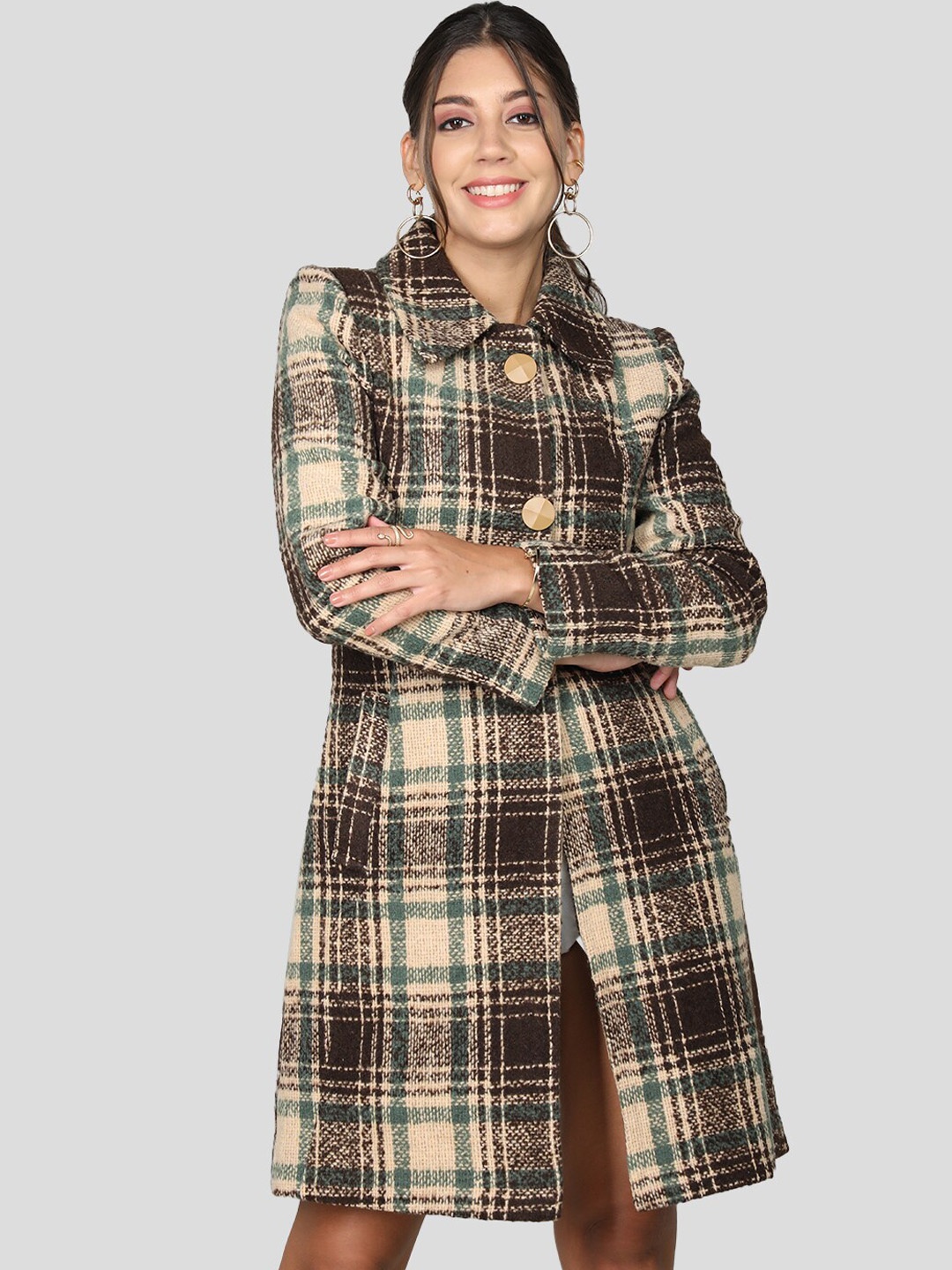 

CHKOKKO Checked Single-Breasted Spread Collar Regular Fit Woollen Overcoat, Beige