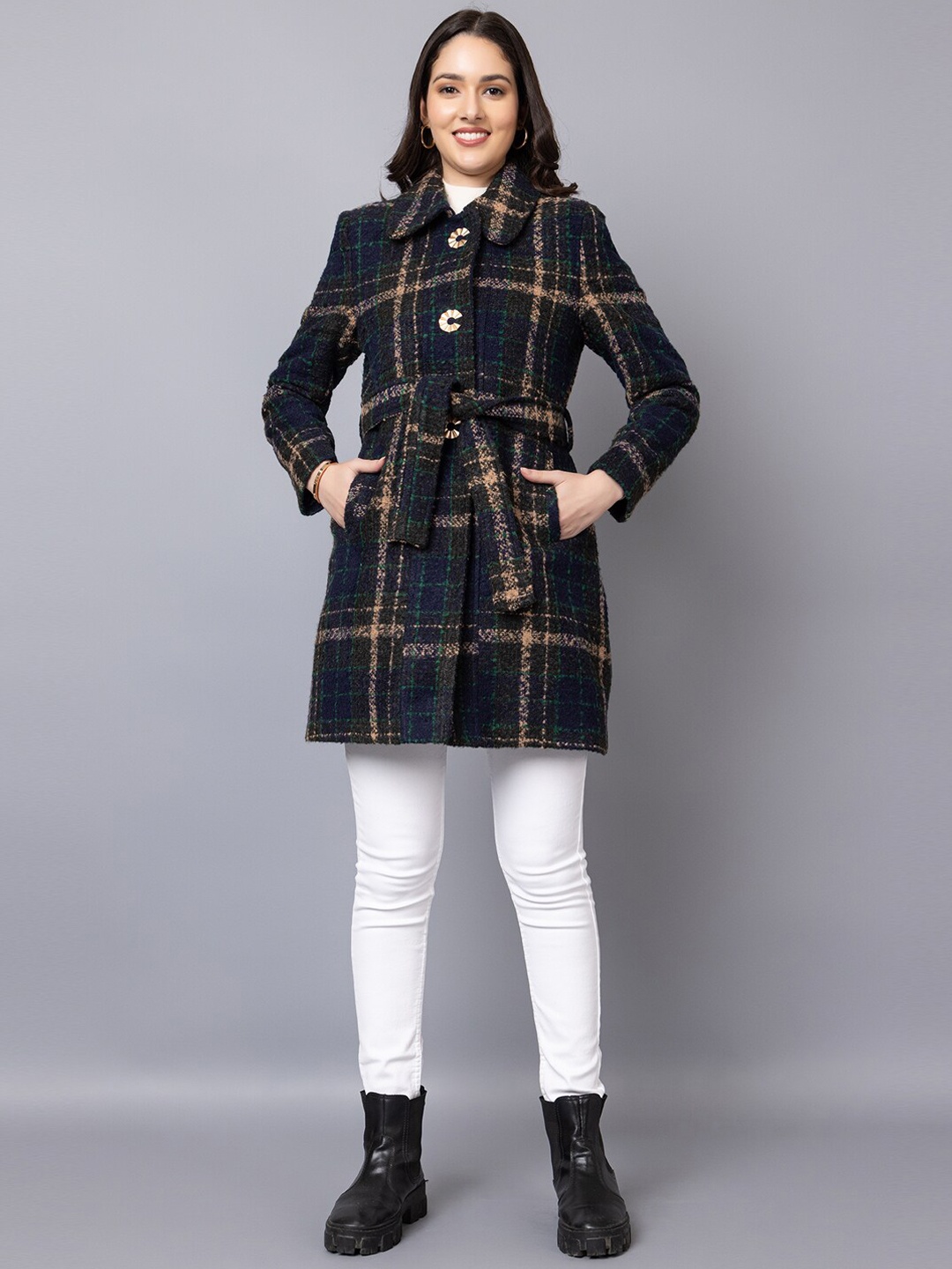 

CHKOKKO Checked Single-Breasted Woolen Overcoat, Black
