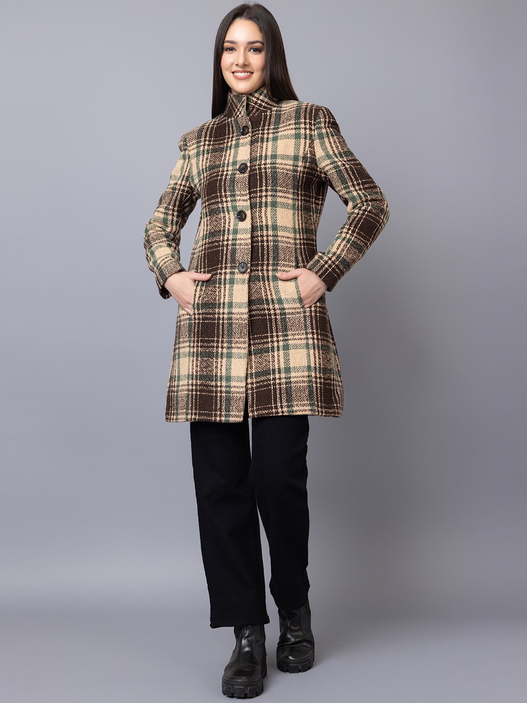 

CHKOKKO Checked Single Breasted Wool Stylish Overcoat, Beige