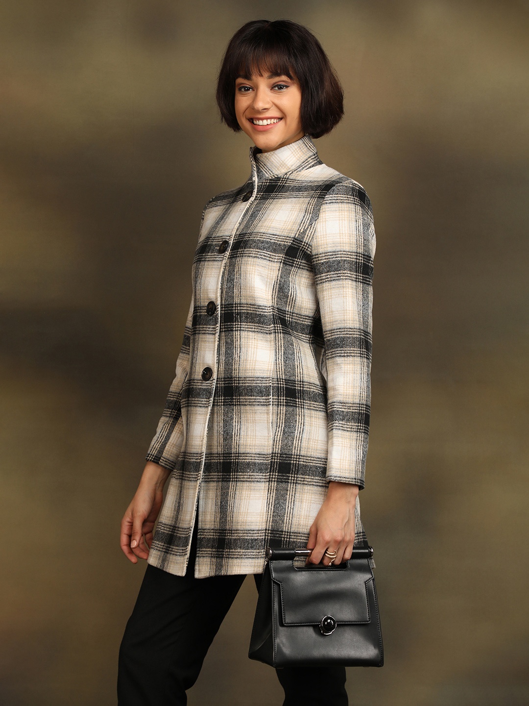 

CHKOKKO Single Breasted Checked Wool Stylish Overcoat, White