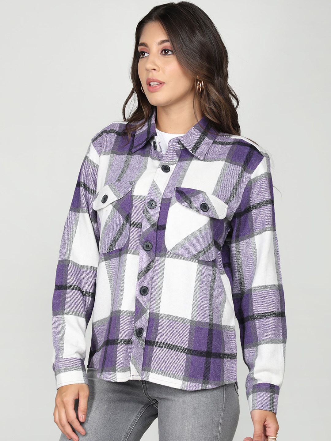 

CHKOKKO Spread Collar Opaque Checked Casual Shackets, Purple