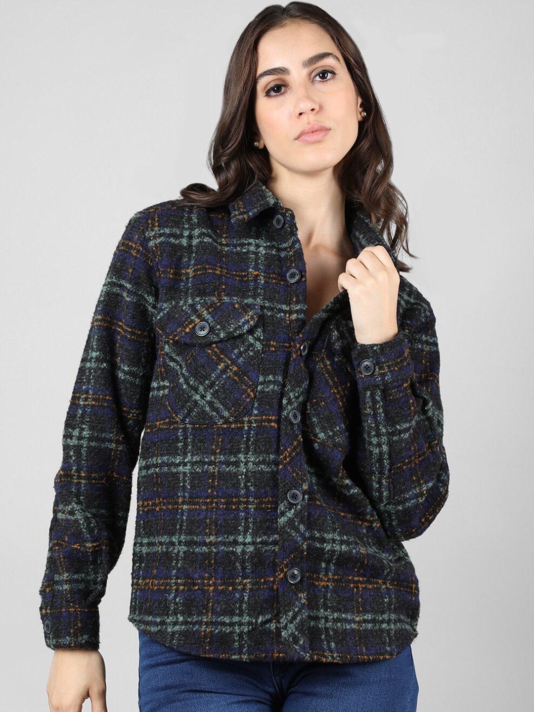

CHKOKKO Tartan Checked Spread Collar Casual Shacket, Black