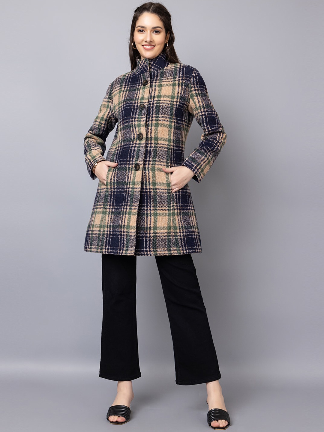 

CHKOKKO Checked Single Breasted Woollen Stylish Overcoat, Beige