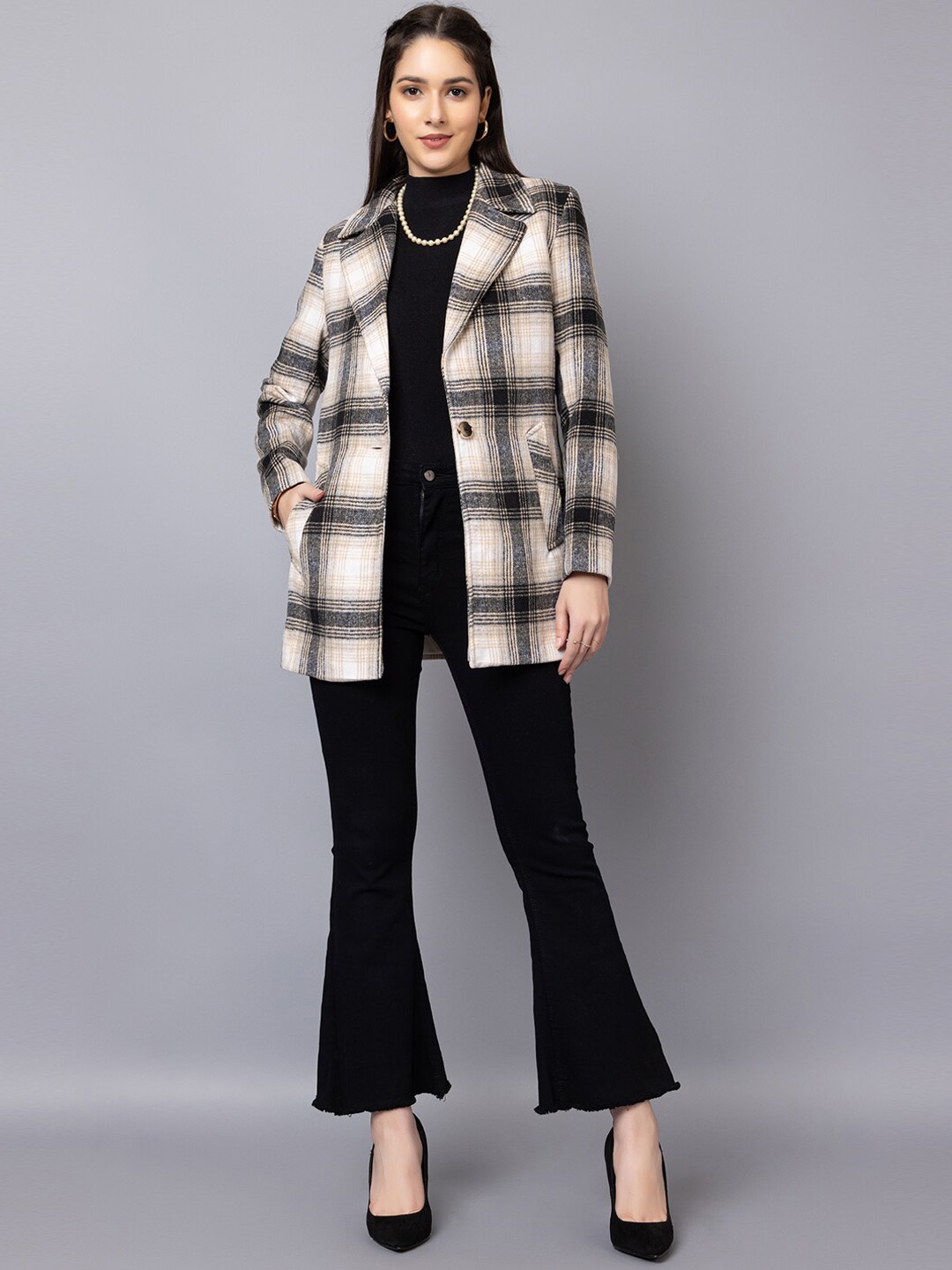 

CHKOKKO Checked Single Breasted Wool Stylish Overcoat, White