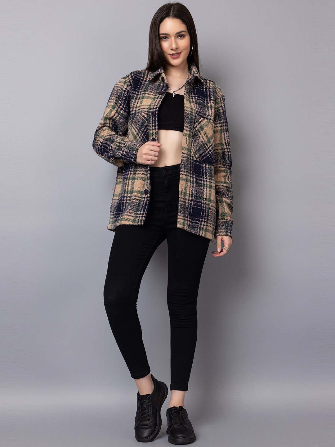 

Chkokko Checked Spread Collar Casual Shacket, Green