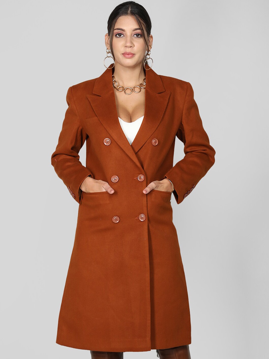 

CHKOKKO Double-Breasted Notched Lapel Woolen Stylish Overcoat, Camel brown