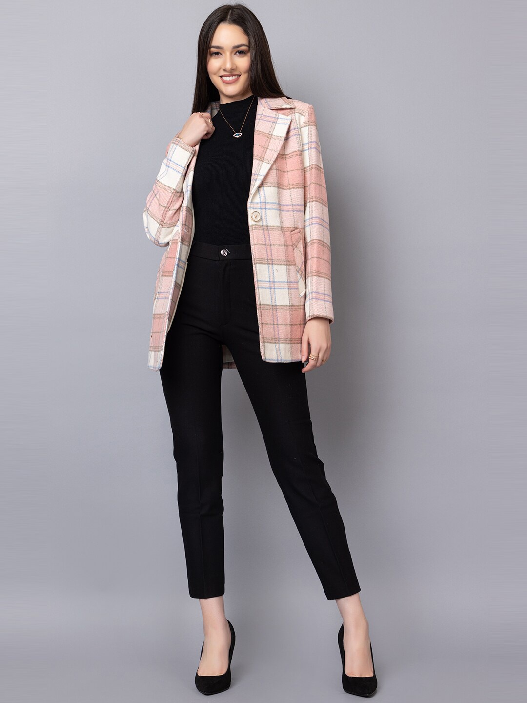 

CHKOKKO Checked Single Breasted Woollen Stylish Overcoat, Pink