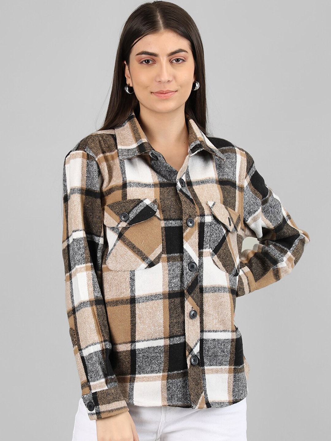 

CHKOKKO Windowpane Checked Spread Collar Casual Shacket, Brown