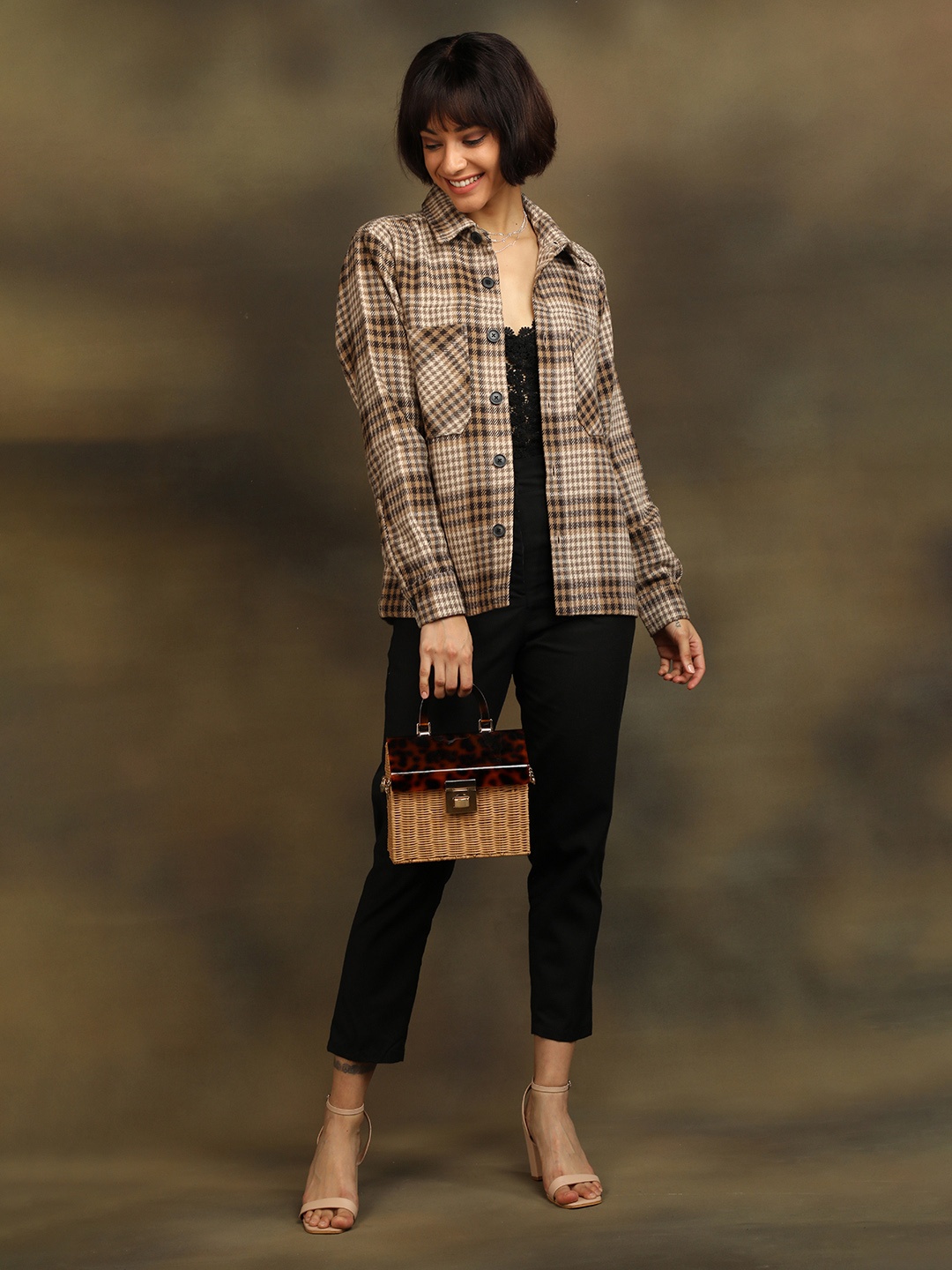 

CHKOKKO Micro Checked Spread Collar Oversized Casual Shacket, Brown