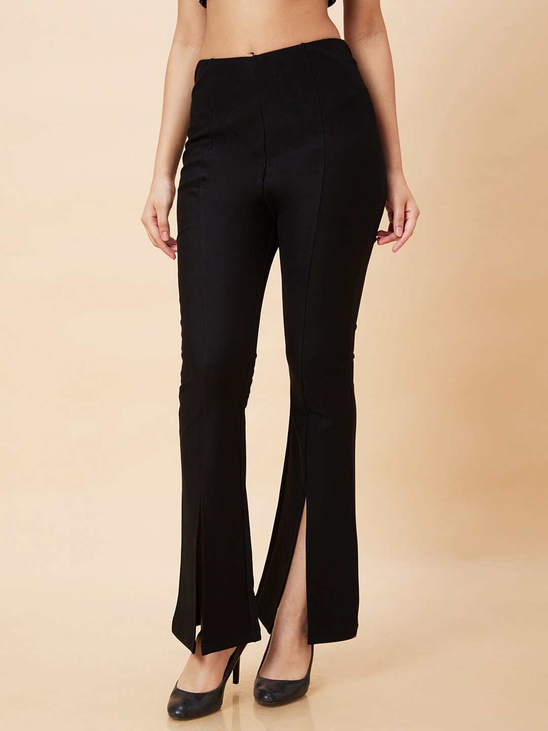 

Globus Women Solid High-Rise Front Slit Bootcut Trousers, Black