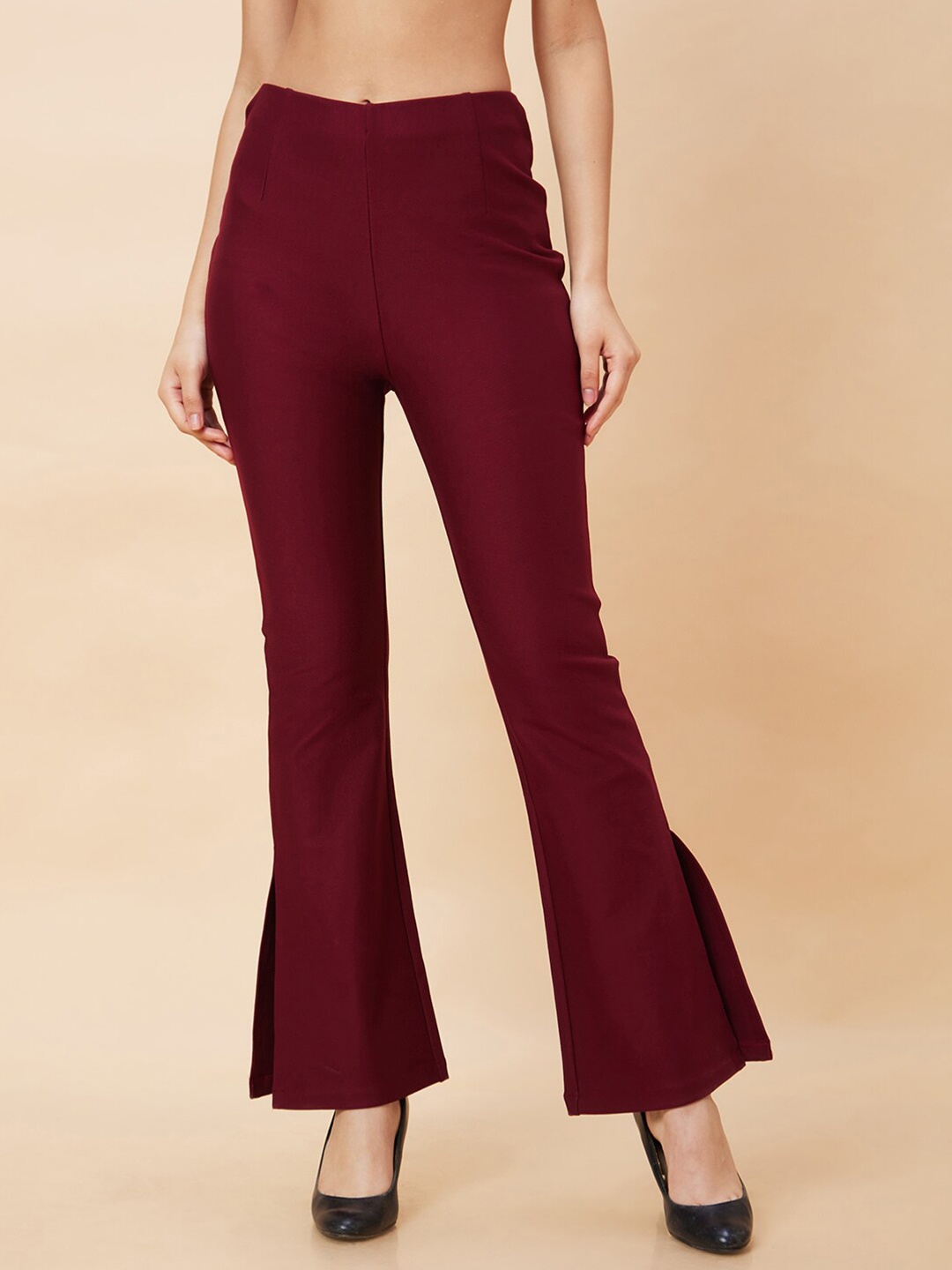 

Globus Women High-Rise Slip-On Side Slit Bootcut Treggings, Maroon